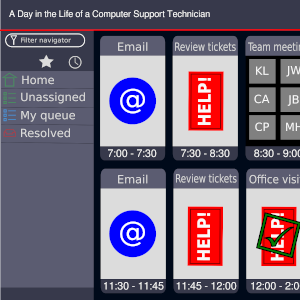 A color illustration showing a day in the life of a computer support technician