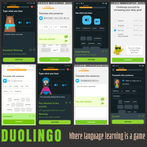 An infographic with the title "Duolingo: Where Language Learning is a Game". The infographic shows several screenshots of Duolingo teaching humorous phrases in different languages.