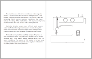 Two pages from the sewing machine booklet. Page two presents a brief history of the sewing machine and its importance in the industrial revolution. Page three shows a technical drawing of a sewing machine as viewed from the front.